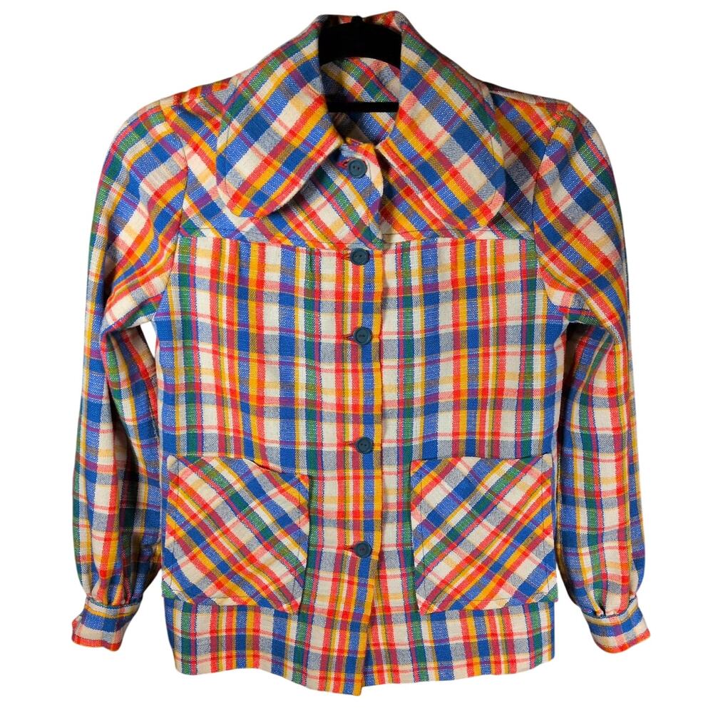 VTG 60s Colorful Plaid Rounded Collar Women's Shacket Button Shirt Jacket XS/S